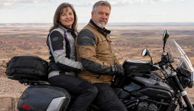 Un couple en tenue de moto assis sur une Triumph face à un paysage désertique